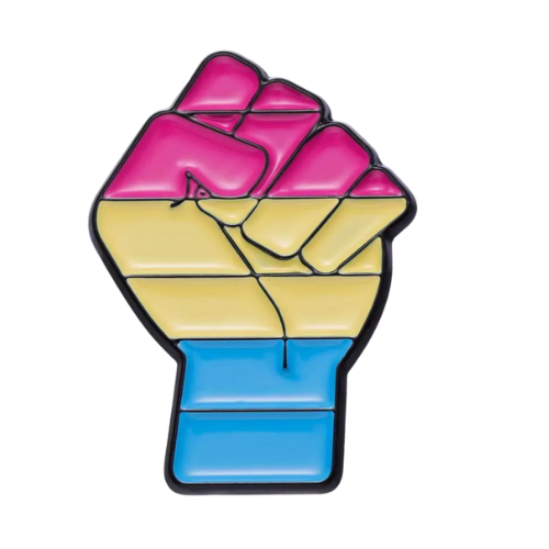 Pansexual Resist Pride fist enamel pin featuring raised fist design in pan Pride colors