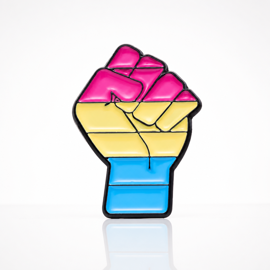Pansexual Resist Pride fist enamel pin featuring raised fist design in pan Pride colors