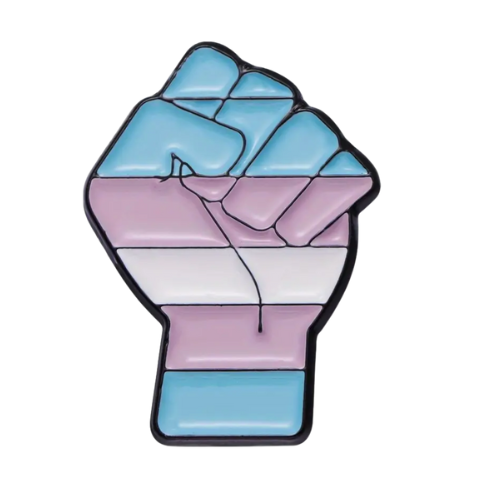 Trans Resist Pride fist enamel pin featuring raised fist design in transgender Pride colors