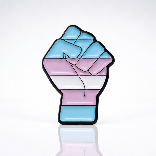 Trans Resist Pride fist enamel pin featuring raised fist design in transgender Pride colors