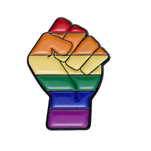 Rainbow Resist Pride fist enamel pin featuring raised fist design in LGBTQ rainbow colors