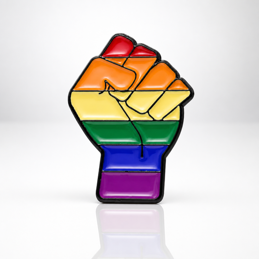 Rainbow Resist Pride fist enamel pin featuring raised fist design in LGBTQ rainbow colors