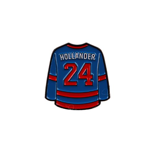 Heated Rivalry Hollander home jersey enamel pin with blue and red hockey uniform design
