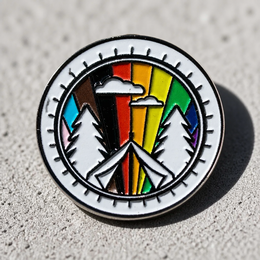 Round rainbow camping pride pin featuring mountains trees and colorful LGBTQ pride landscape design on a concrete surface