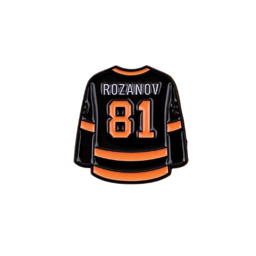 Heated Rivalry Rozanov home jersey enamel pin with black and gold hockey uniform design