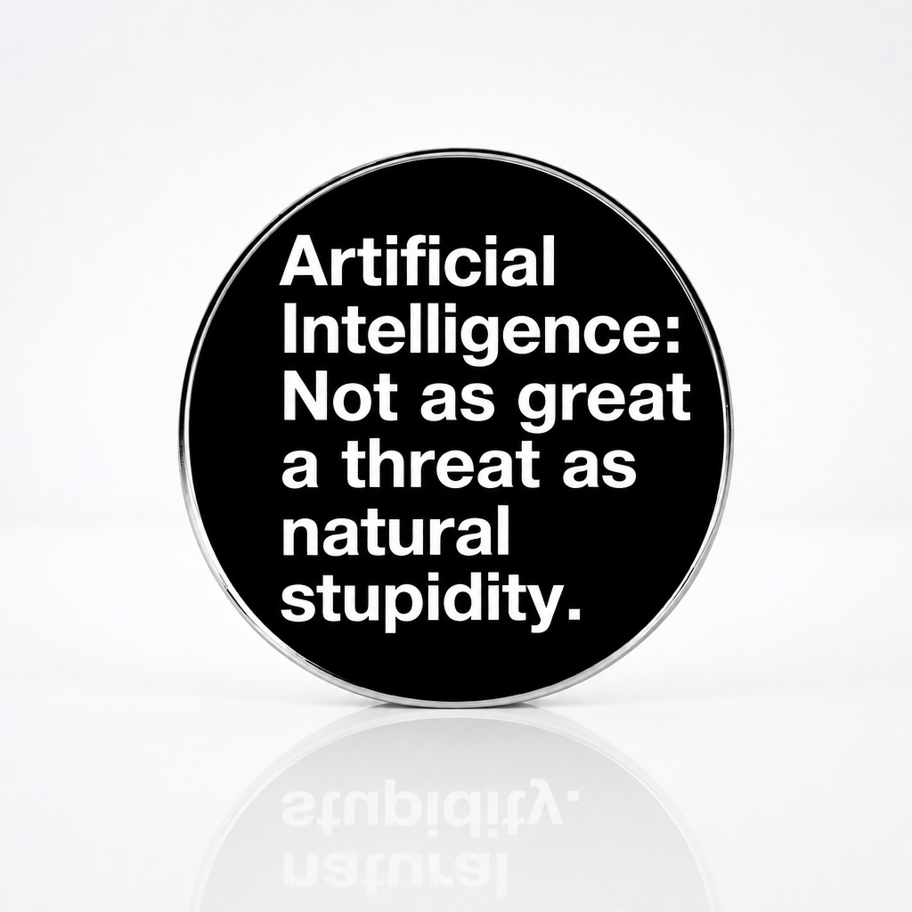 Black and white enamel pin reading Artificial Intelligence Not as great a threat as natural stupidity