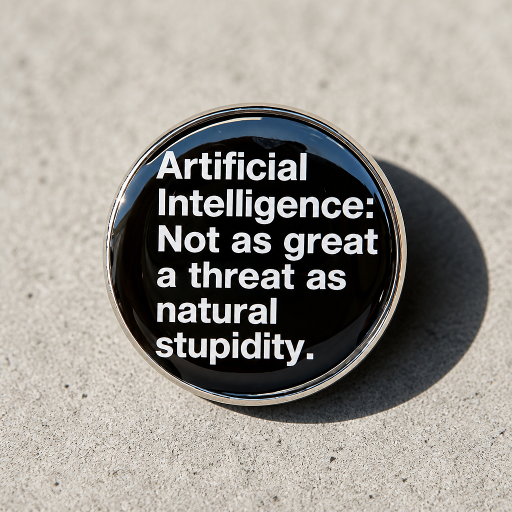Black and white enamel pin reading Artificial Intelligence Not as great a threat as natural stupidity on a concrete background