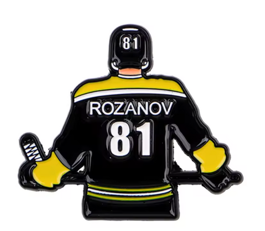 Heated Rivalry Rozanov away jersey enamel pin with hockey uniform design and number 81