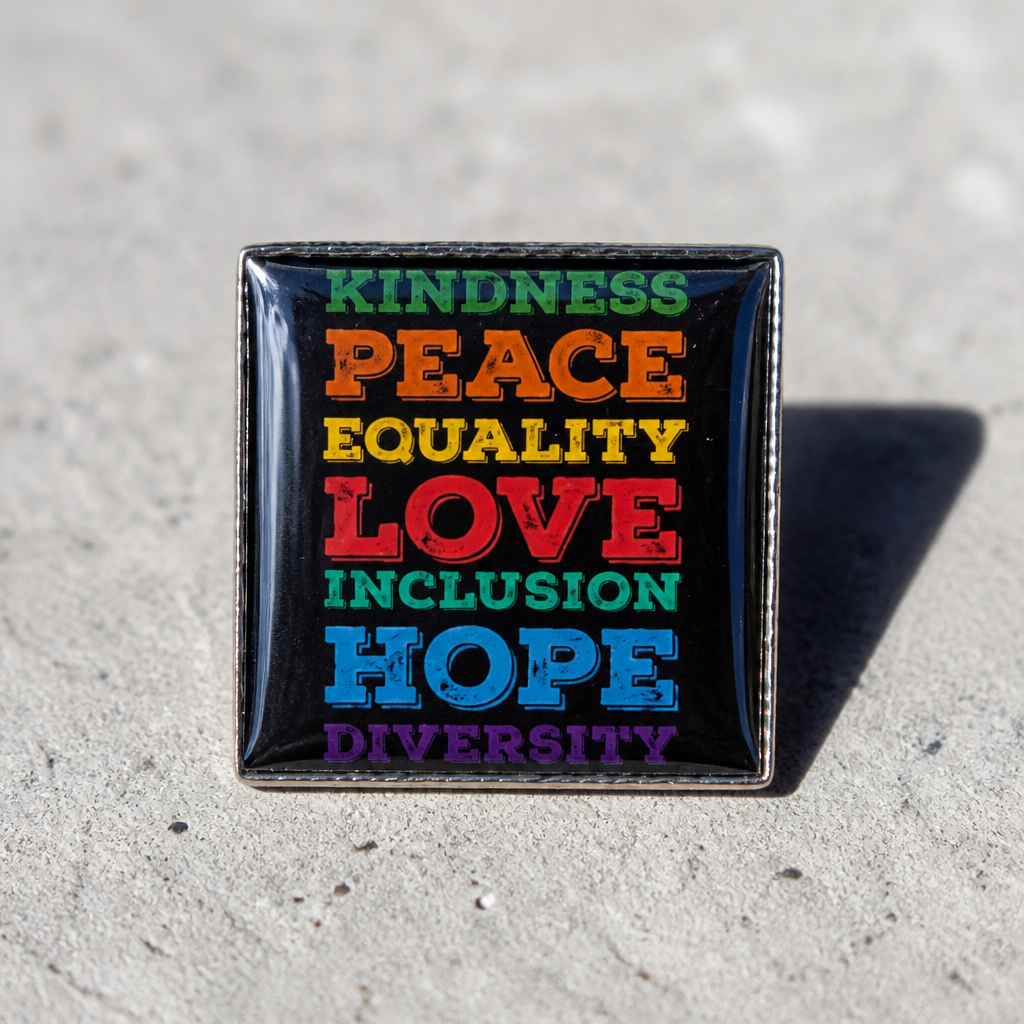 Square enamel pin featuring the words Kindness Peace Equality Love Inclusion Hope and Diversity in colorful lettering on a concrete background