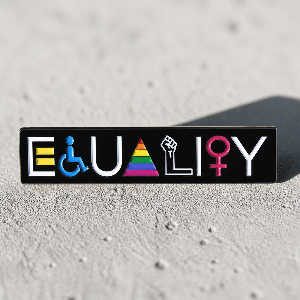 Large Equality Pride enamel pin featuring inclusive LGBTQ symbols and rainbow colors on a concrete surface