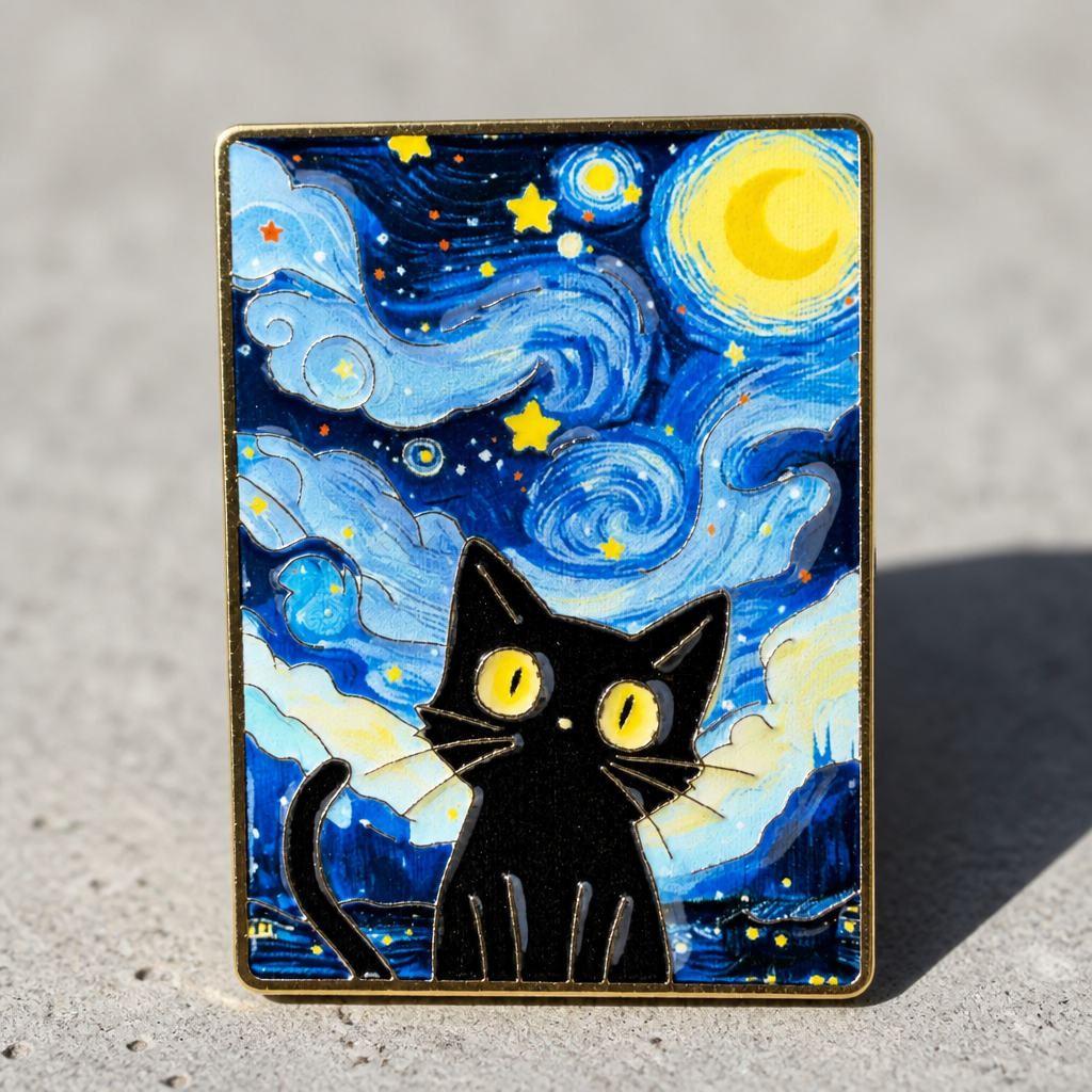 Black cat enamel pin inspired by Van Gogh's Starry Night with swirling blue sky and gold stars on a concrete surface