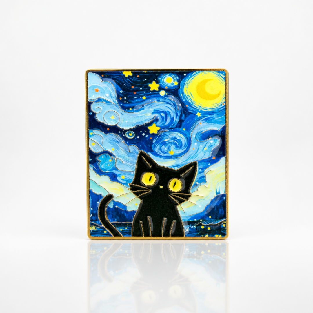 Van Gogh Starry Night Wide-Eyed Cat Enamel Pin