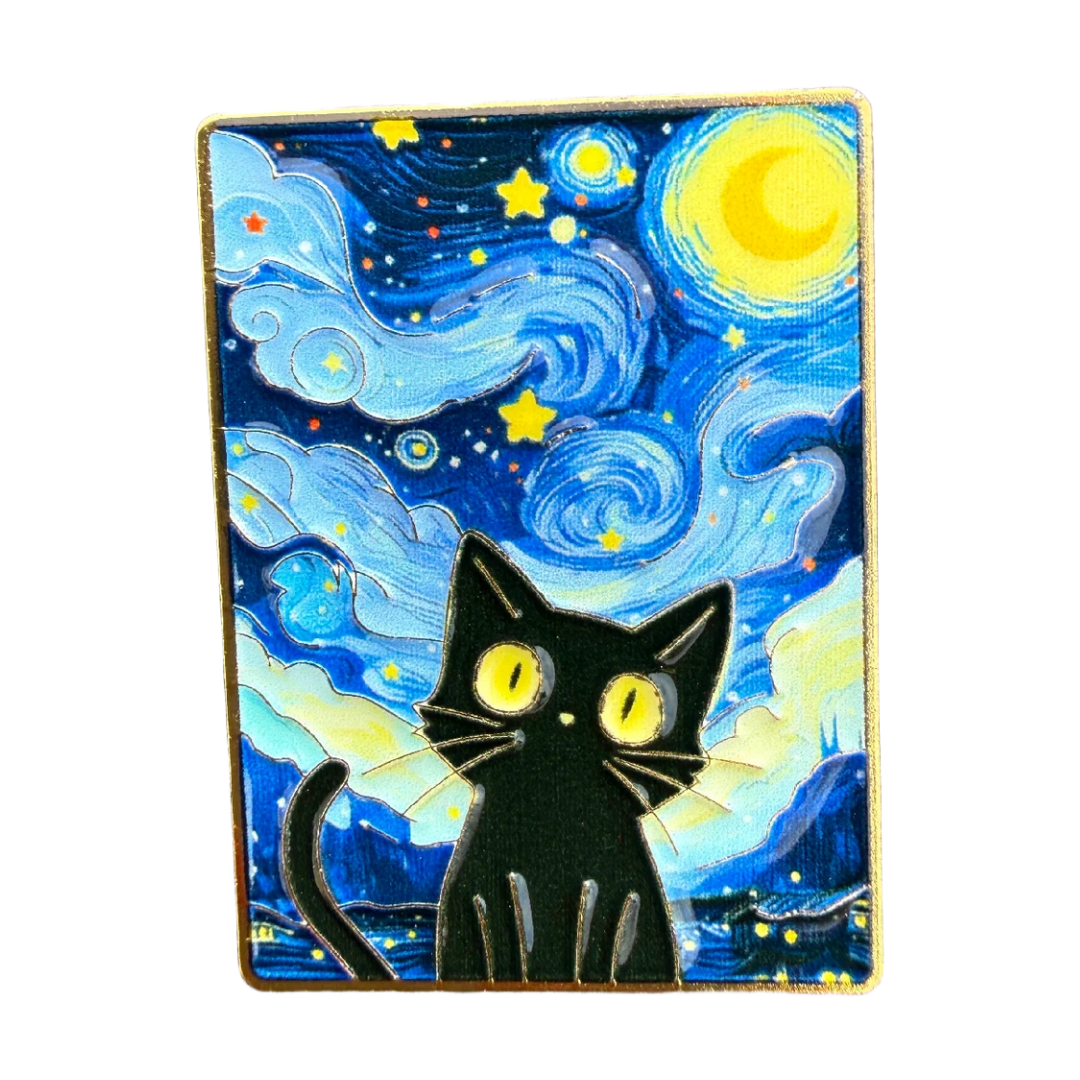 Van Gogh Starry Night Wide-Eyed Cat Enamel Pin