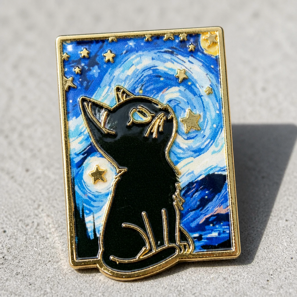 Wide-eyed black cat enamel pin inspired by Van Gogh's Starry Night painting on a concrete surface