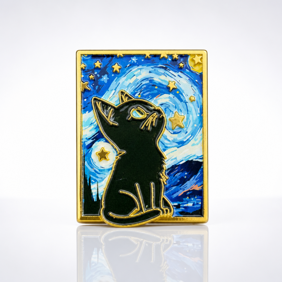 Van Gogh Starry Night Curious Cat Enamel Pin