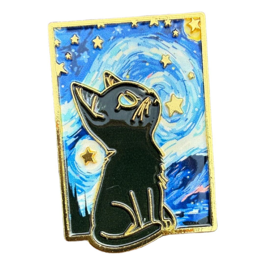 Van Gogh Starry Night Curious Cat Enamel Pin