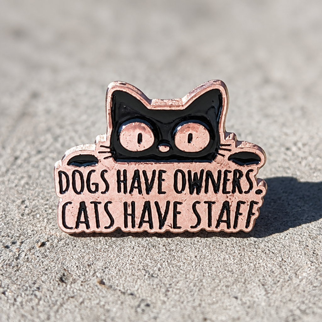 Funny enamel pin featuring a black cat and the phrase Dogs Have Owners Cats Have Staff on a concrete background