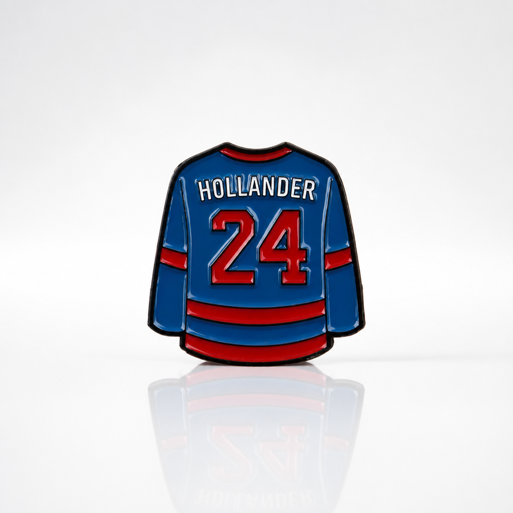 Heated Rivalry Hollander home jersey enamel pin with blue and red hockey uniform design