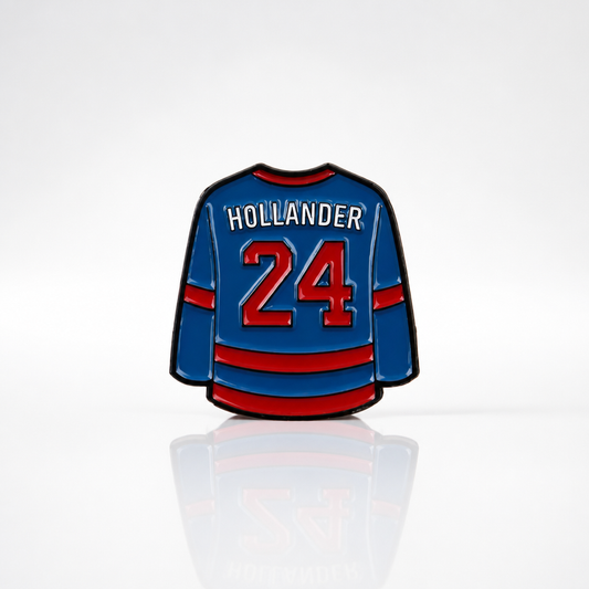 Heated Rivalry Hollander home jersey enamel pin with blue and red hockey uniform design