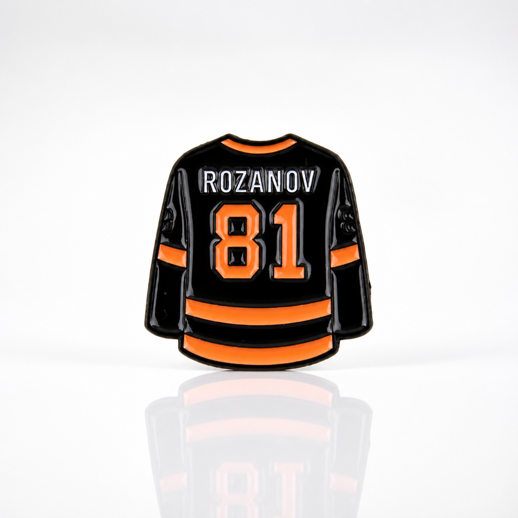 Heated Rivalry Rozanov home jersey enamel pin with black and gold hockey uniform design