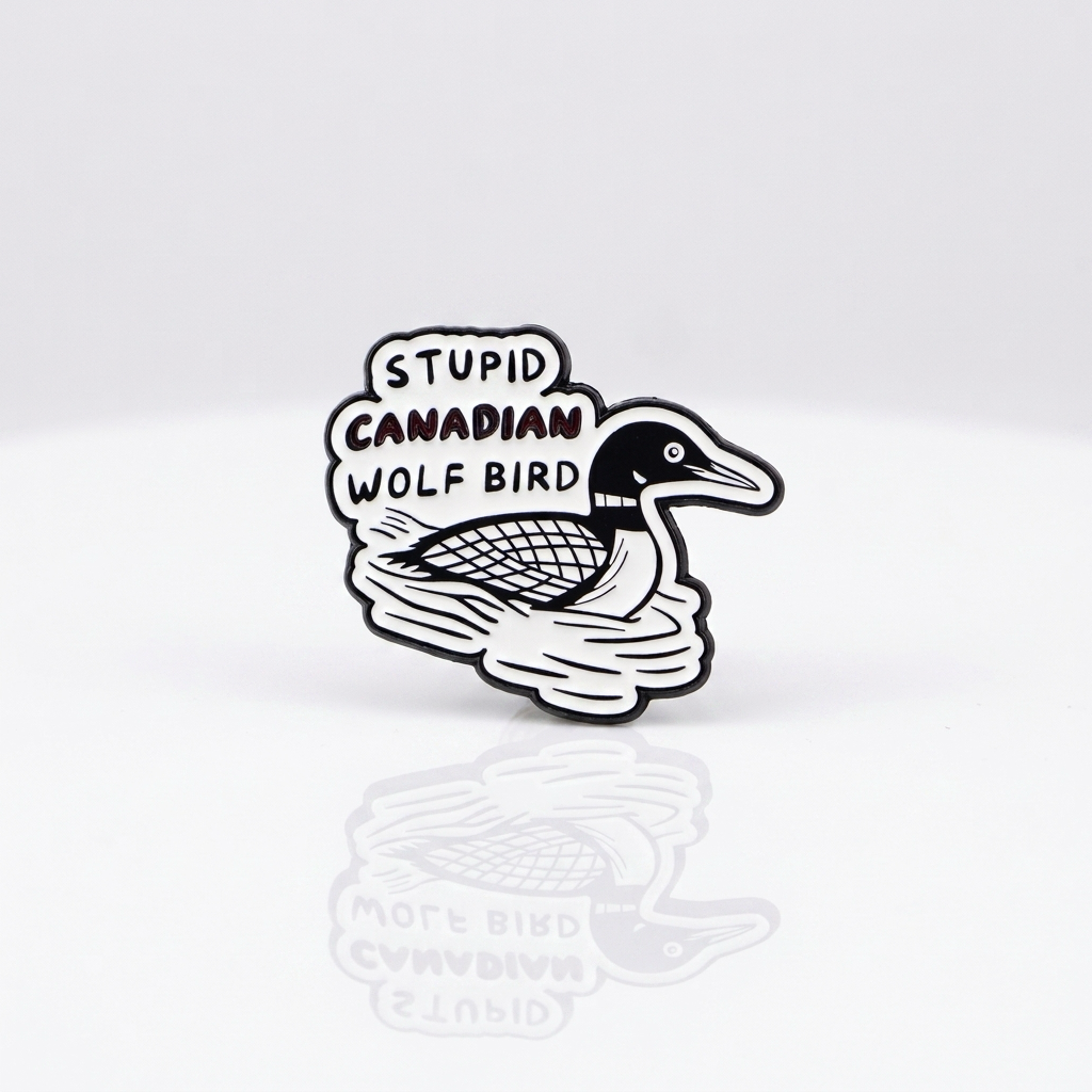 Heated Rivalry enamel pin featuring loon bird artwork and “Stupid Canadian Wolf Bird” quote