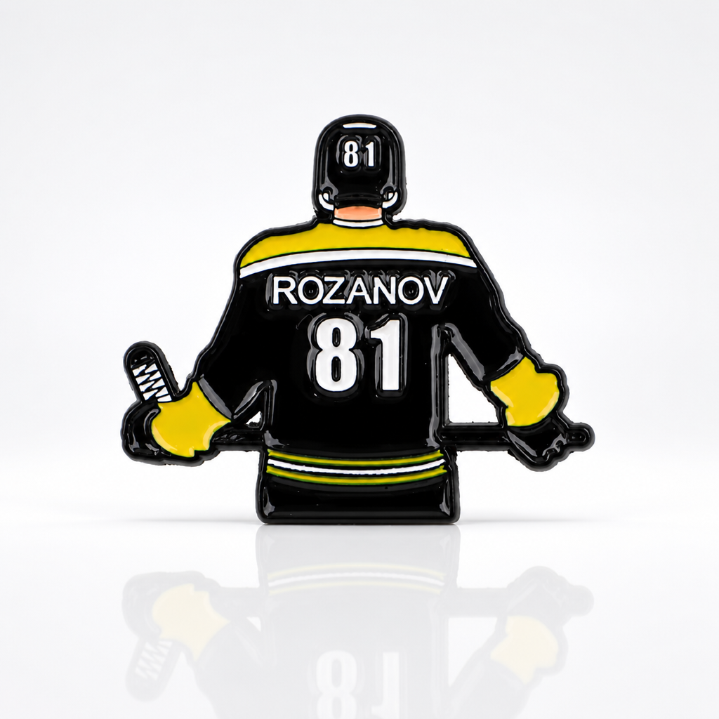 Heated Rivalry Rozanov away jersey enamel pin with hockey uniform design and number 81