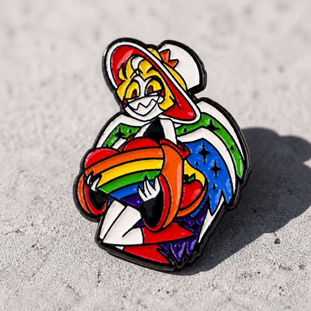 Anime style enamel pin featuring a character holding a rainbow Gay Pride heart on a concrete surface