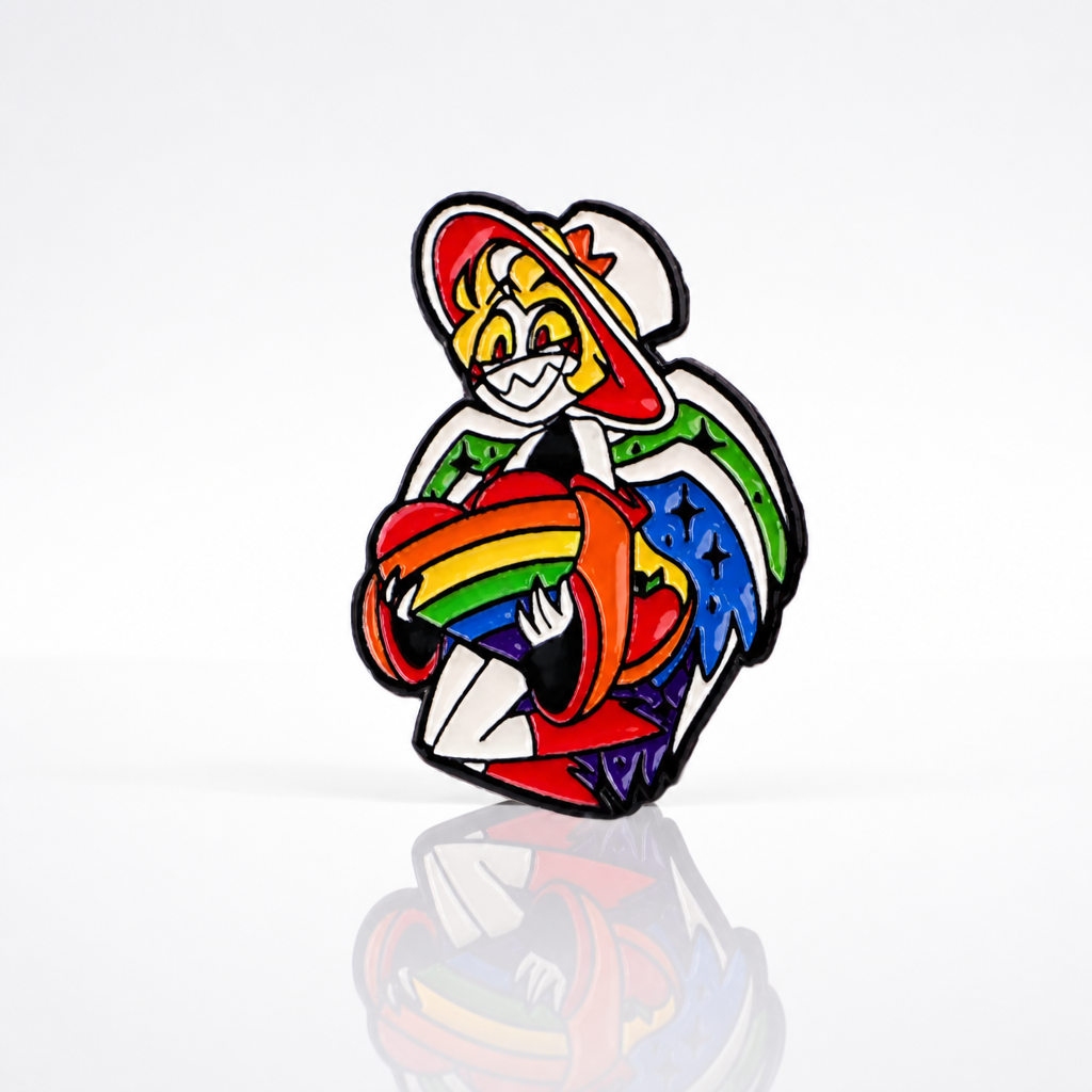 Anime style enamel pin featuring a character holding a rainbow Gay Pride heart