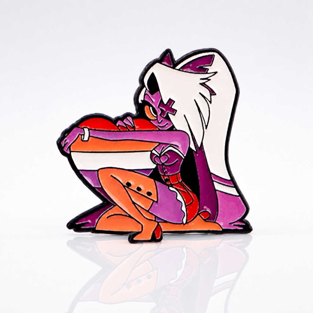 Anime style enamel pin featuring a character holding a Lesbian Pride heart