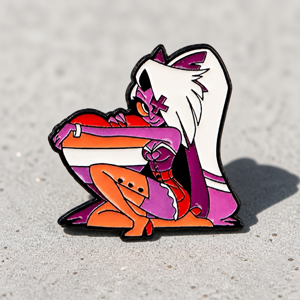 Anime style enamel pin featuring a character holding a Lesbian Pride heart