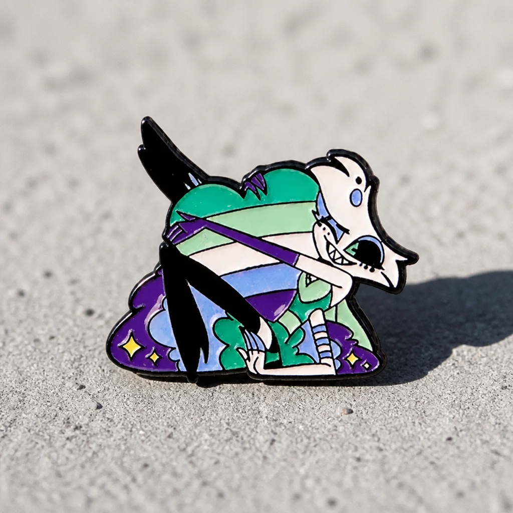 Anime style enamel pin featuring a character holding an MLM Gay Men Pride heart on a concrete surface