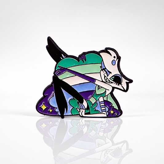 Anime style enamel pin featuring a character holding an MLM Gay Men Pride heart