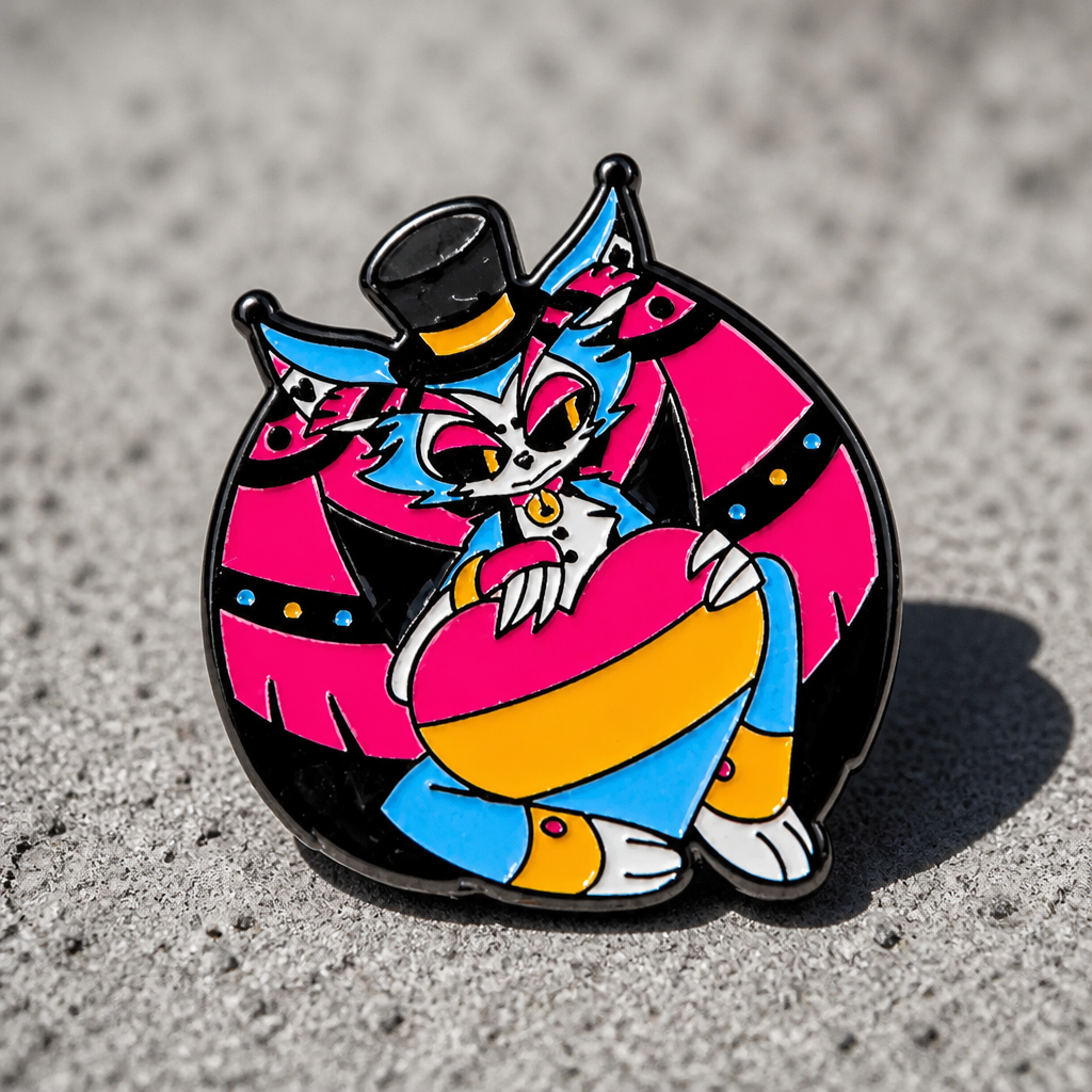 Anime style enamel pin featuring a character holding a Pansexual Pride heart on a concrete surface