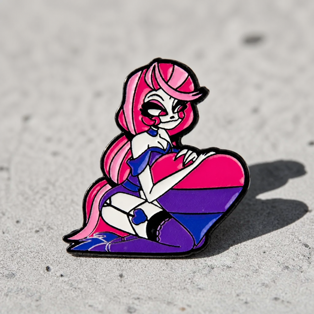 Anime style enamel pin featuring a character holding a Bisexual Pride heart pm a concrete surface