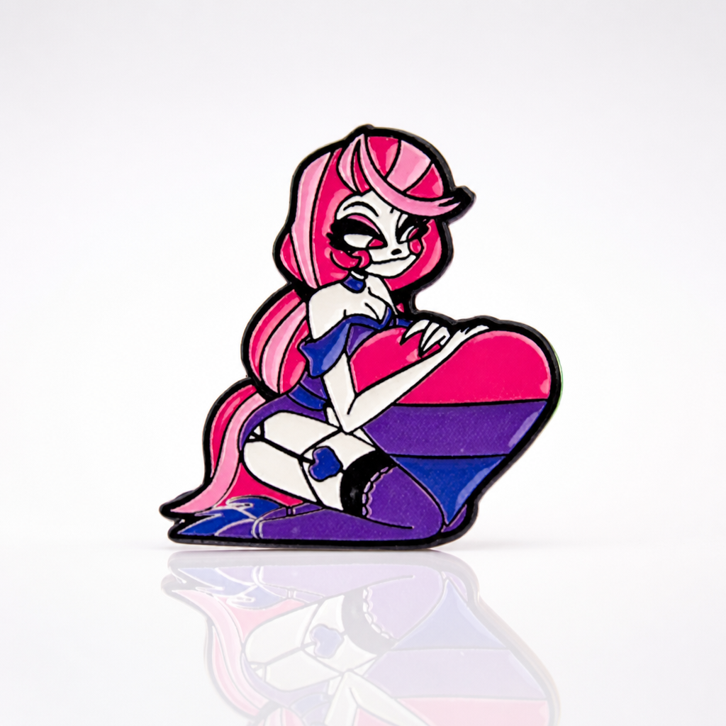Anime style enamel pin featuring a character holding a Bisexual Pride heart