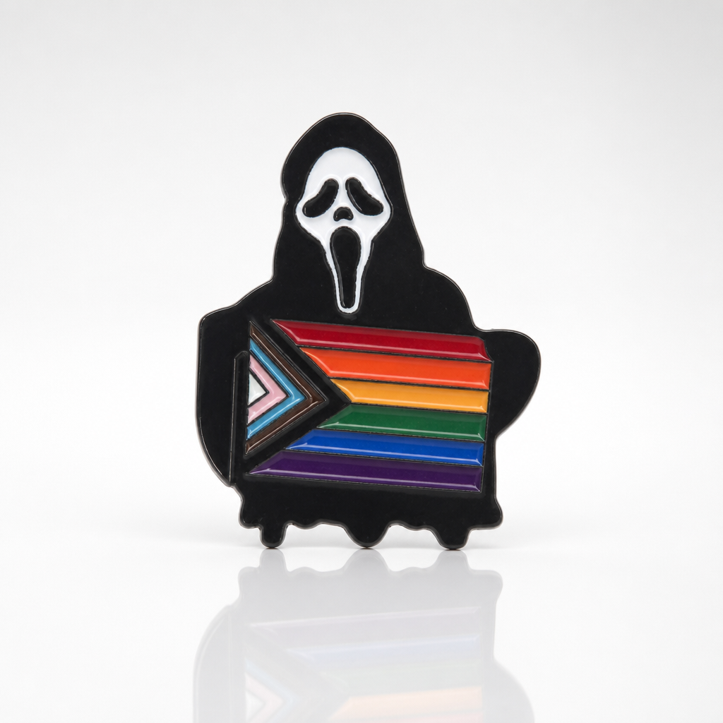 Ghostface-inspired enamel pin featuring a black robed horror character holding the Progress Pride flag
