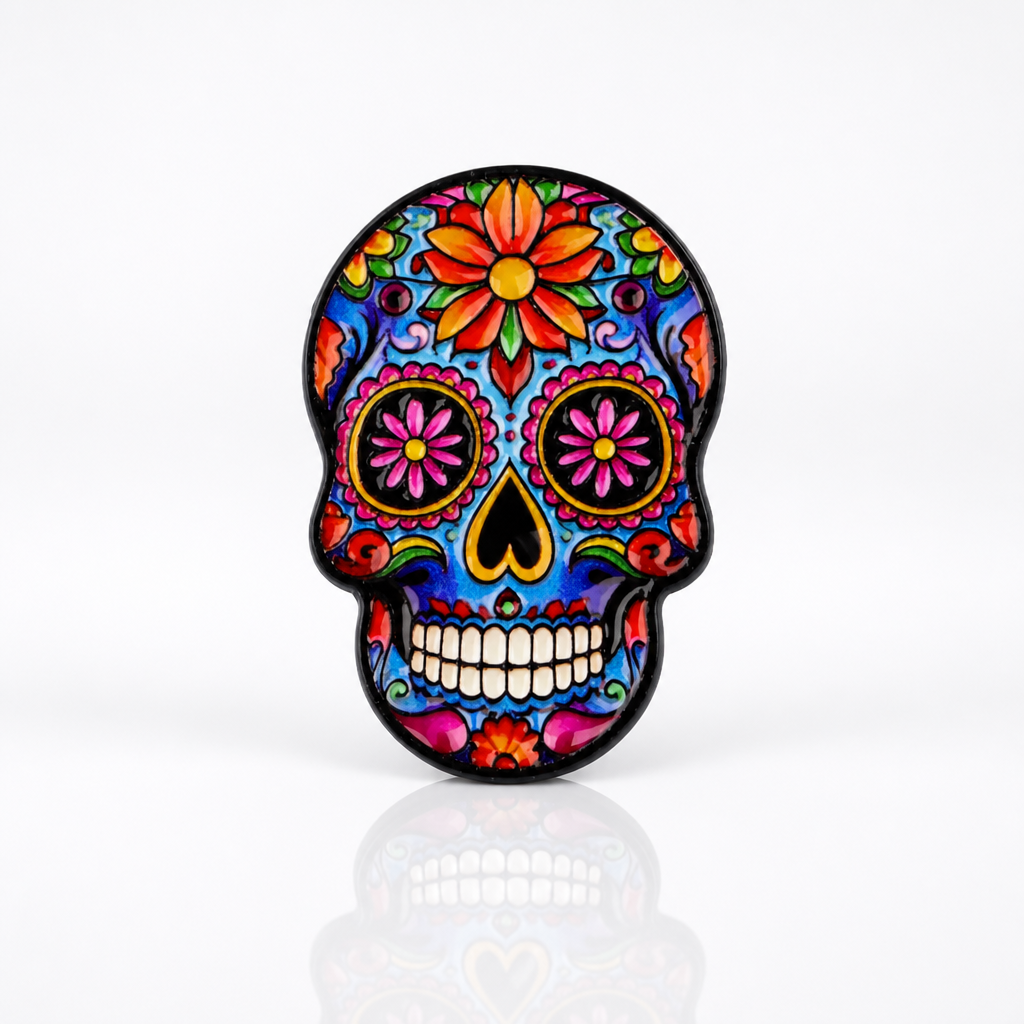 Colorful floral sugar skull enamel pin featuring vibrant decorative artwork and flower details