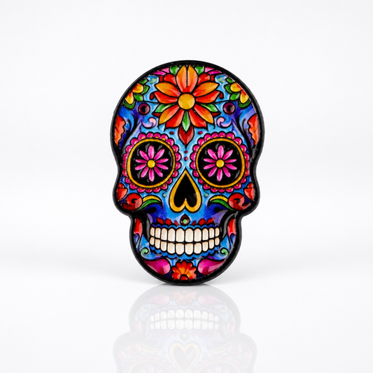 Colorful floral sugar skull enamel pin featuring vibrant decorative artwork and flower details