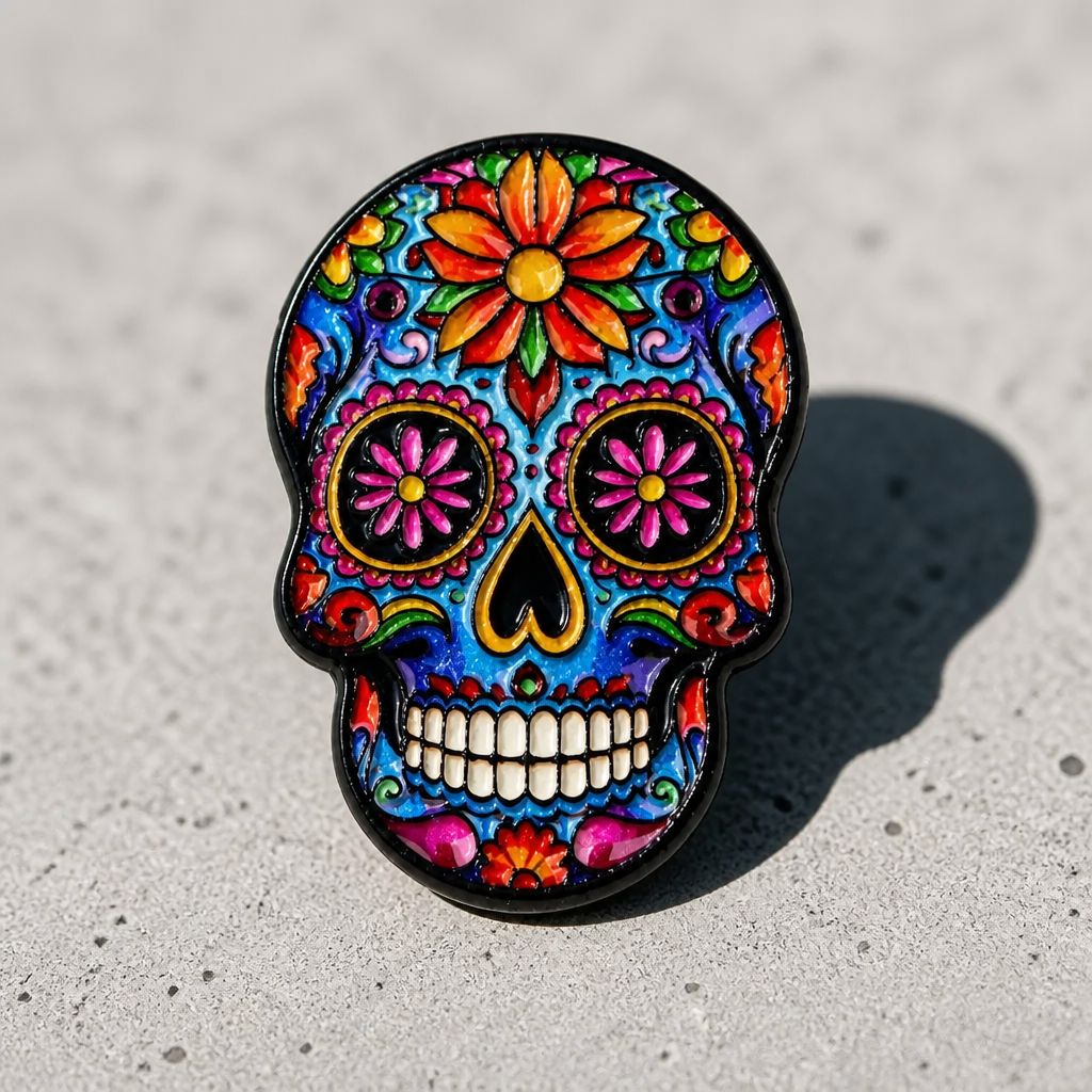 Colorful floral sugar skull enamel pin featuring vibrant decorative artwork and flower details on a concrete surface