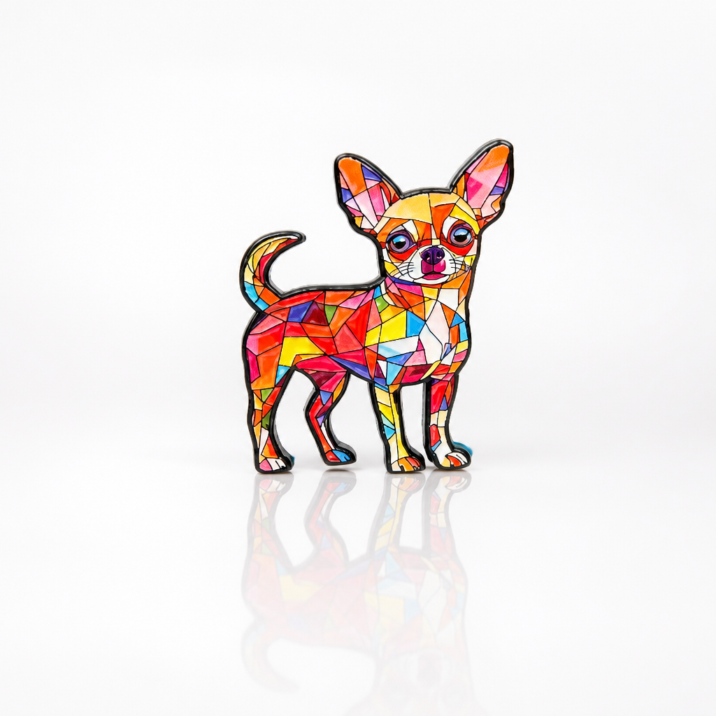 Colorful stained glass Chihuahua enamel pin with geometric mosaic artwork