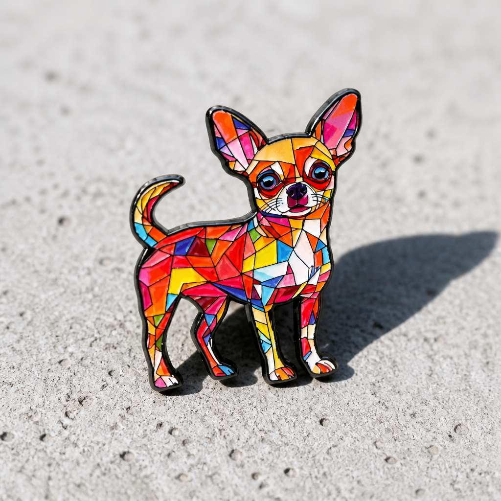 Colorful stained glass Chihuahua enamel pin with geometric mosaic artwork on a concrete surface