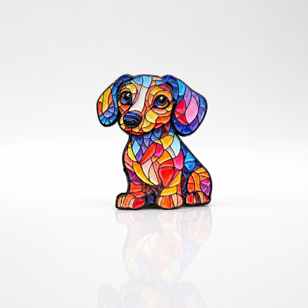 Colorful stained glass puppy enamel pin with vibrant geometric mosaic artwork