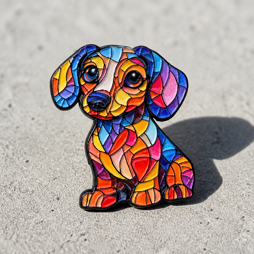 Colorful stained glass puppy enamel pin with vibrant geometric mosaic artwork on a concrete surface