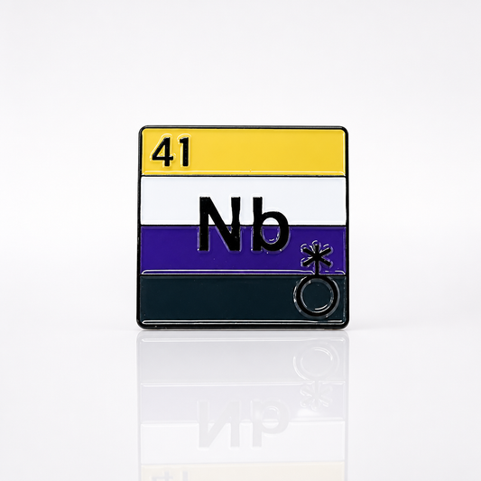Hard enamel pin designed like a periodic table element featuring the Nonbinary Pride flag colors and the abbreviation "Nb."