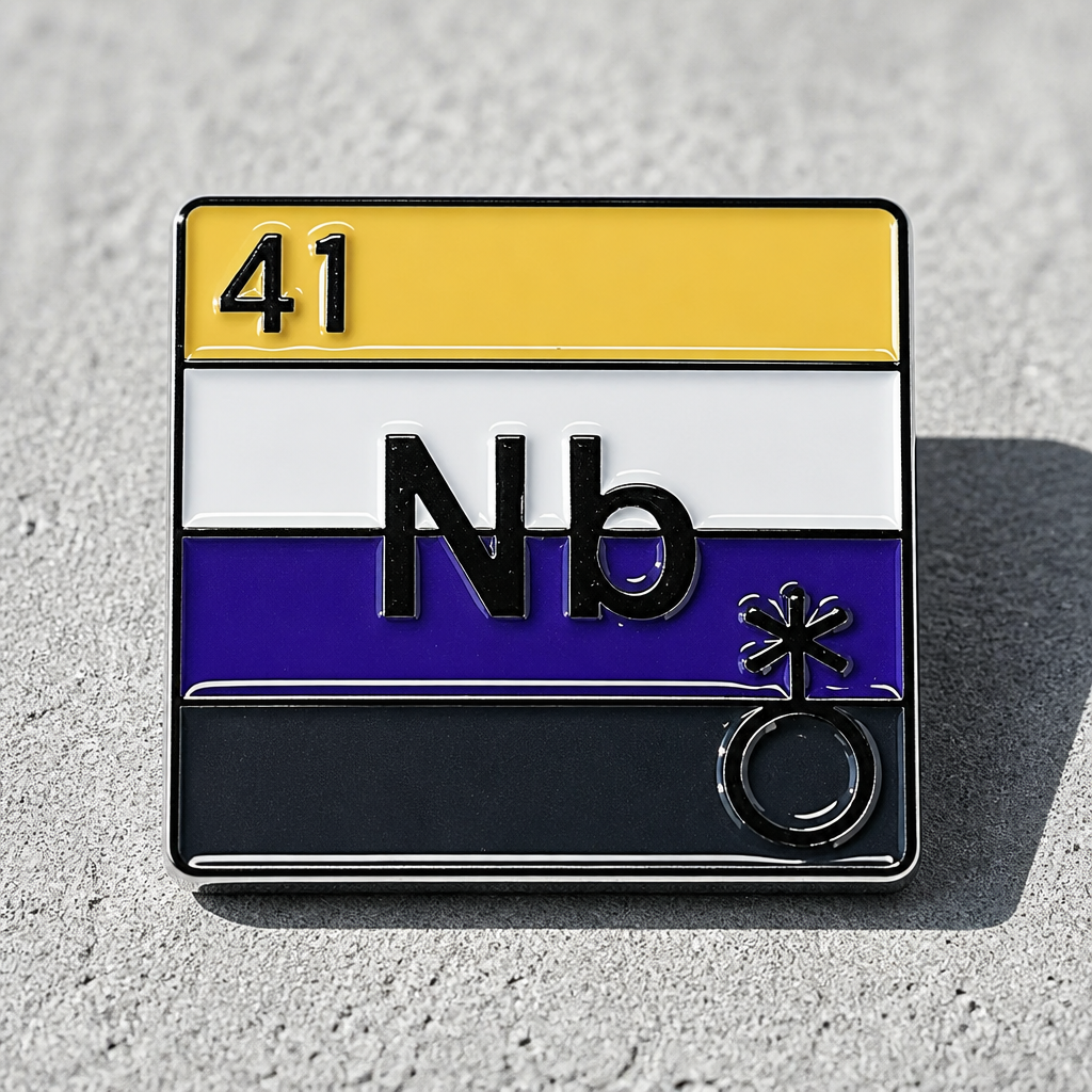 Hard enamel pin designed like a periodic table element featuring the Nonbinary Pride flag colors and the abbreviation "Nb." Showcased on a concrete surface