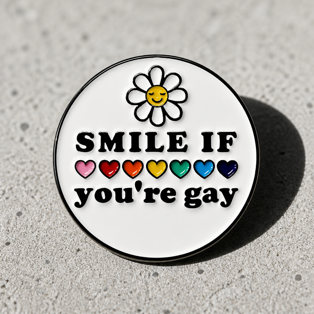 Round hard enamel pin featuring a smiling daisy, rainbow hearts, and the phrase "Smile If You're Gay." on a concrete surface