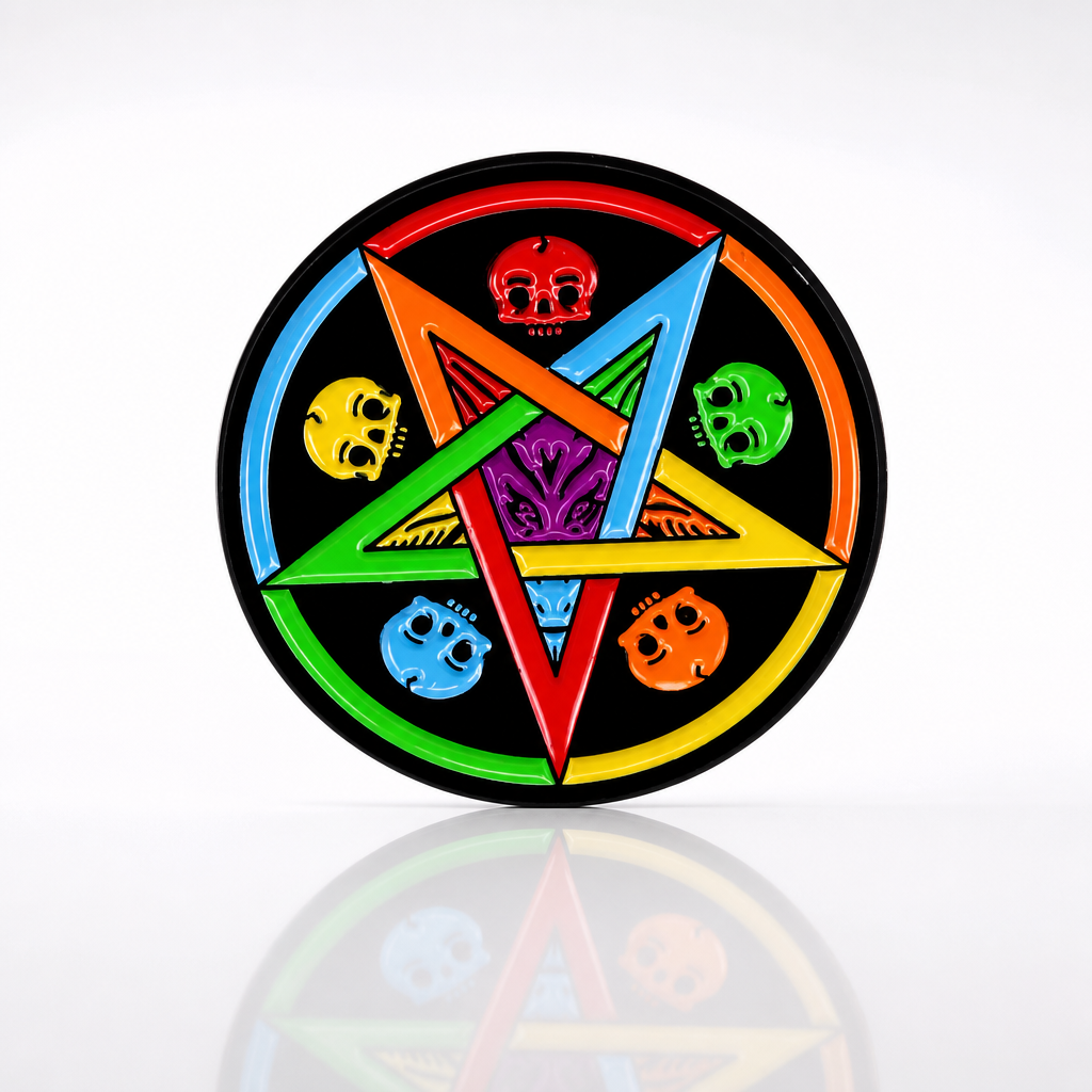 Round hard enamel pin featuring a rainbow pentagram surrounded by colorful skulls on a black background.