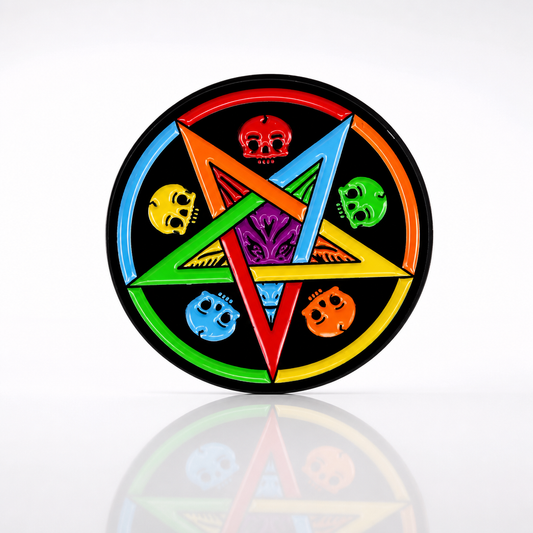 Round hard enamel pin featuring a rainbow pentagram surrounded by colorful skulls on a black background.
