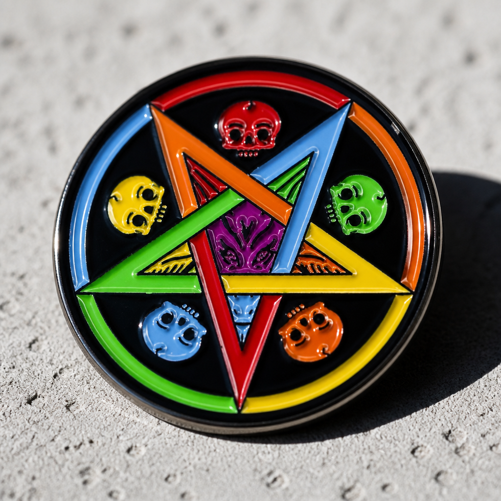 Round hard enamel pin featuring a rainbow pentagram surrounded by colorful skulls on a black background on a concrete surface
