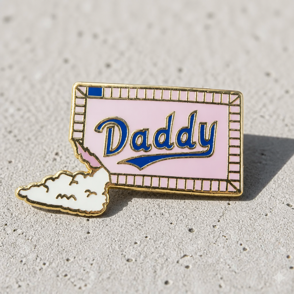 Sugar Daddy enamel pin featuring pastel candy-inspired artwork with gold-tone details on a concrete surface